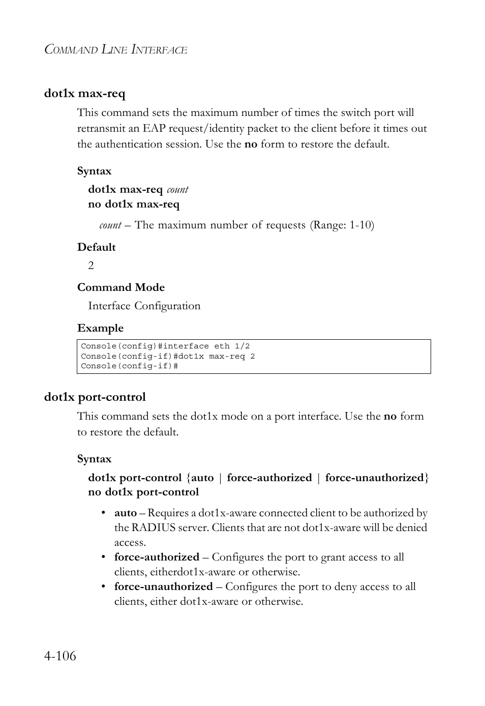 Dot1x max-req, Dot1x port-control, Dot1x max-req -106 dot1x port-control -106 | SMC Networks SMC TigerStack 1000 SMC8748M User Manual | Page 378 / 592