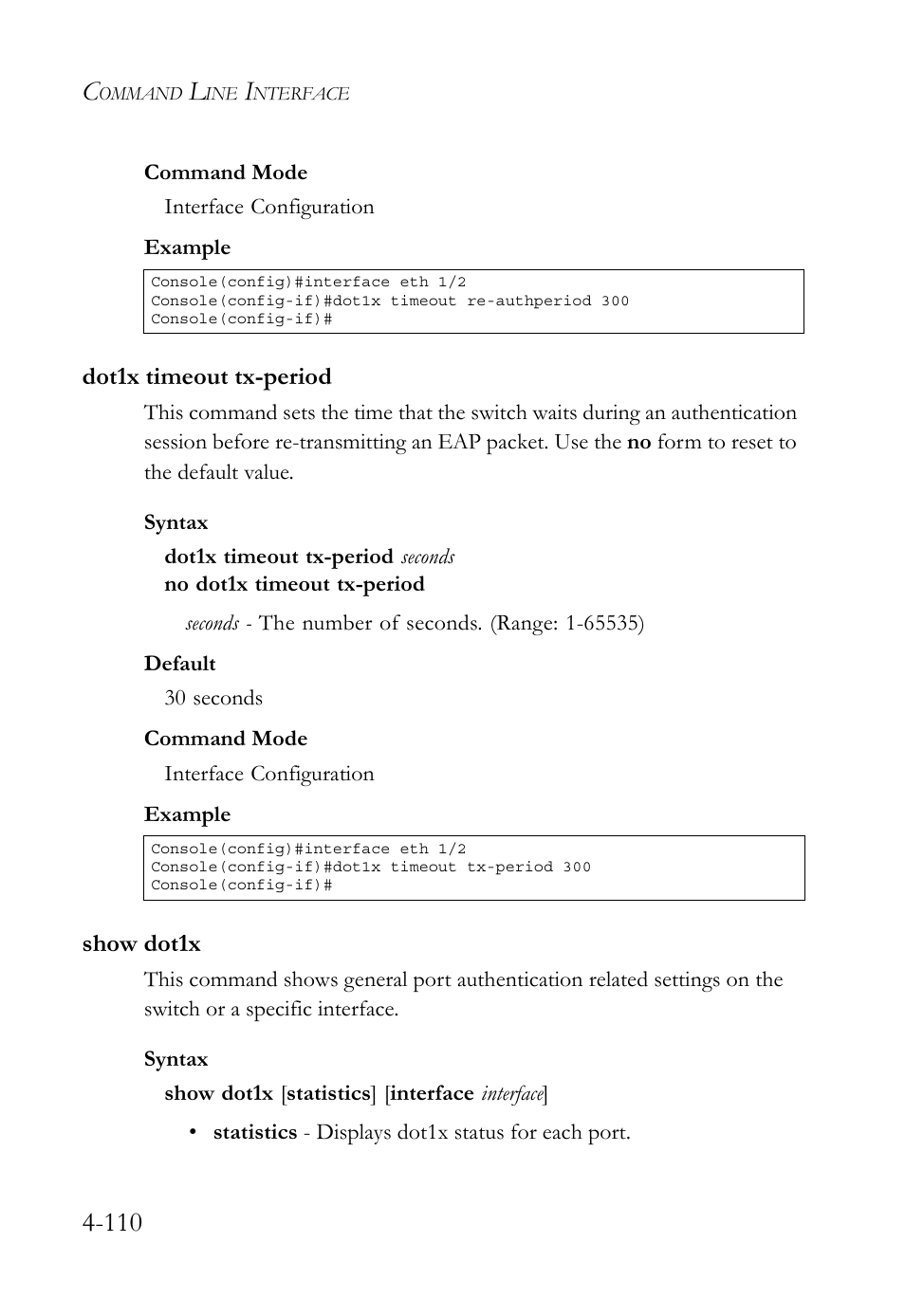 Dot1x timeout tx-period, Show dot1x, Dot1x timeout tx-period -110 show dot1x -110 | SMC Networks SMC TigerStack 1000 SMC8748M User Manual | Page 382 / 592