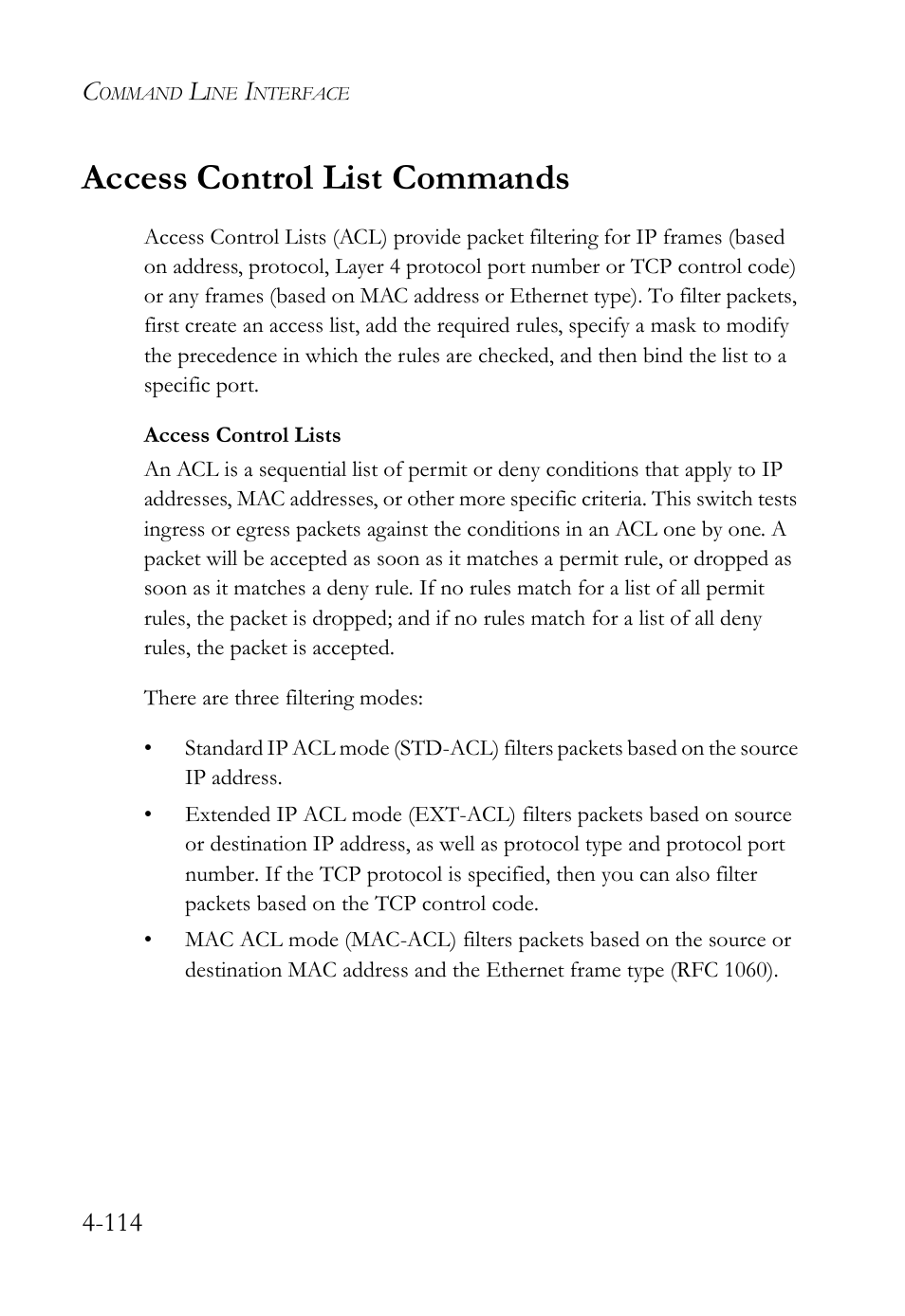 Access control list commands, Access control list commands -114 | SMC Networks SMC TigerStack 1000 SMC8748M User Manual | Page 386 / 592