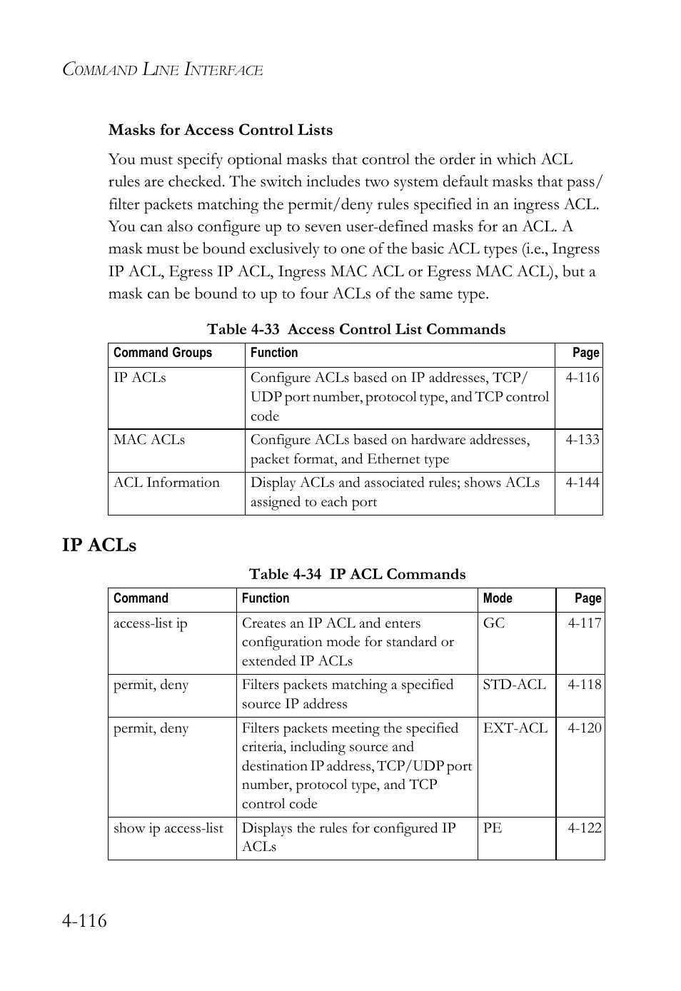 Ip acls, Ip acls -116 | SMC Networks SMC TigerStack 1000 SMC8748M User Manual | Page 388 / 592