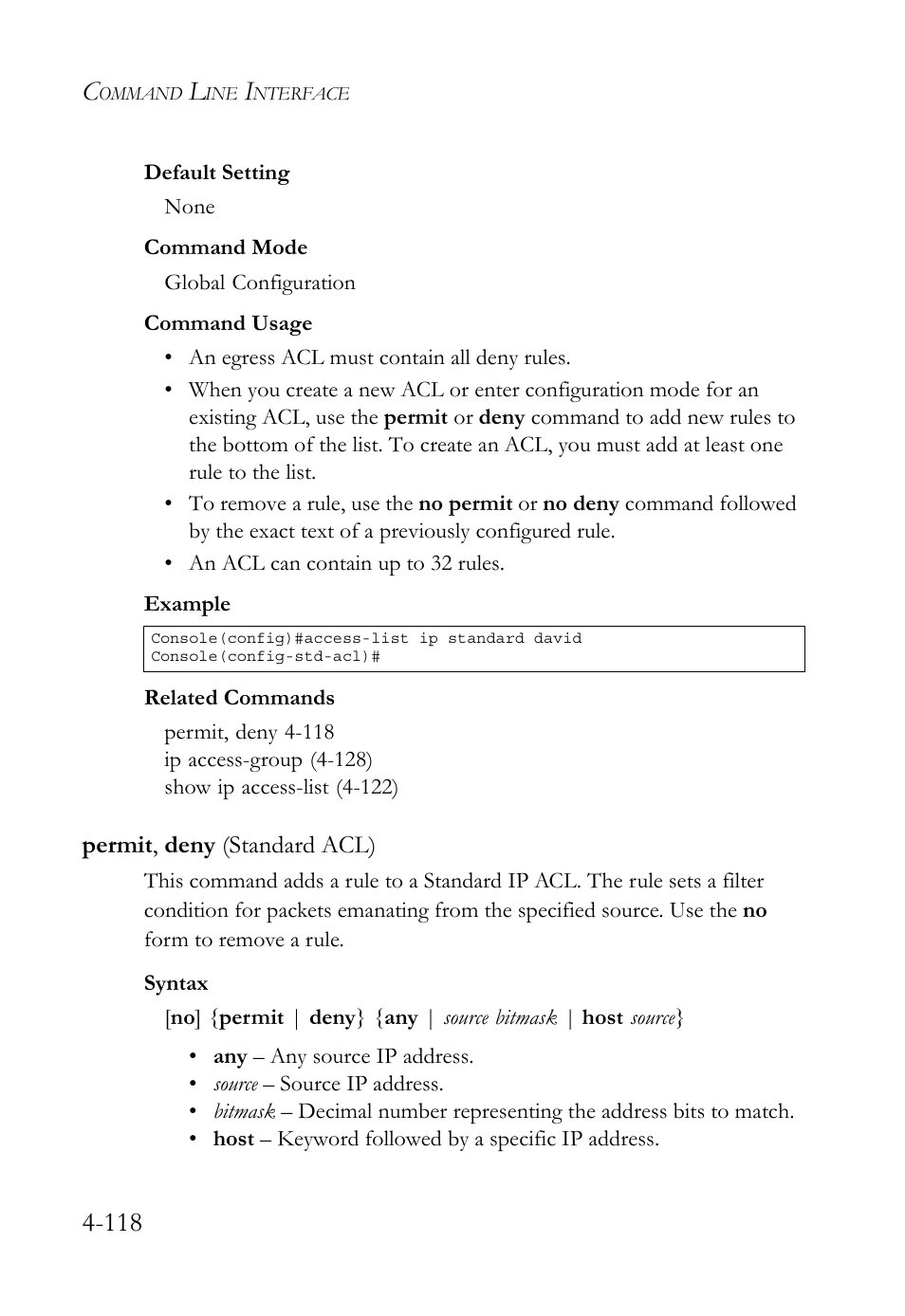 Permit, deny (standard acl), Permit, deny (standard acl) -118 | SMC Networks SMC TigerStack 1000 SMC8748M User Manual | Page 390 / 592