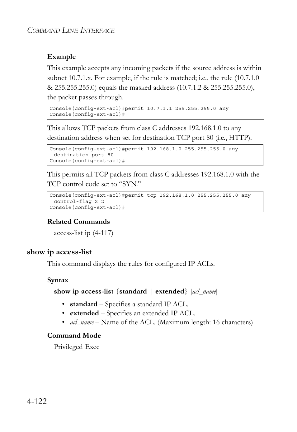 Show ip access-list, Show ip access-list -122 | SMC Networks SMC TigerStack 1000 SMC8748M User Manual | Page 394 / 592