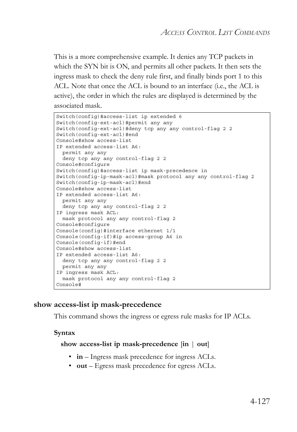 Show access-list ip mask-precedence, Show access-list ip mask-precedence -127 | SMC Networks SMC TigerStack 1000 SMC8748M User Manual | Page 399 / 592