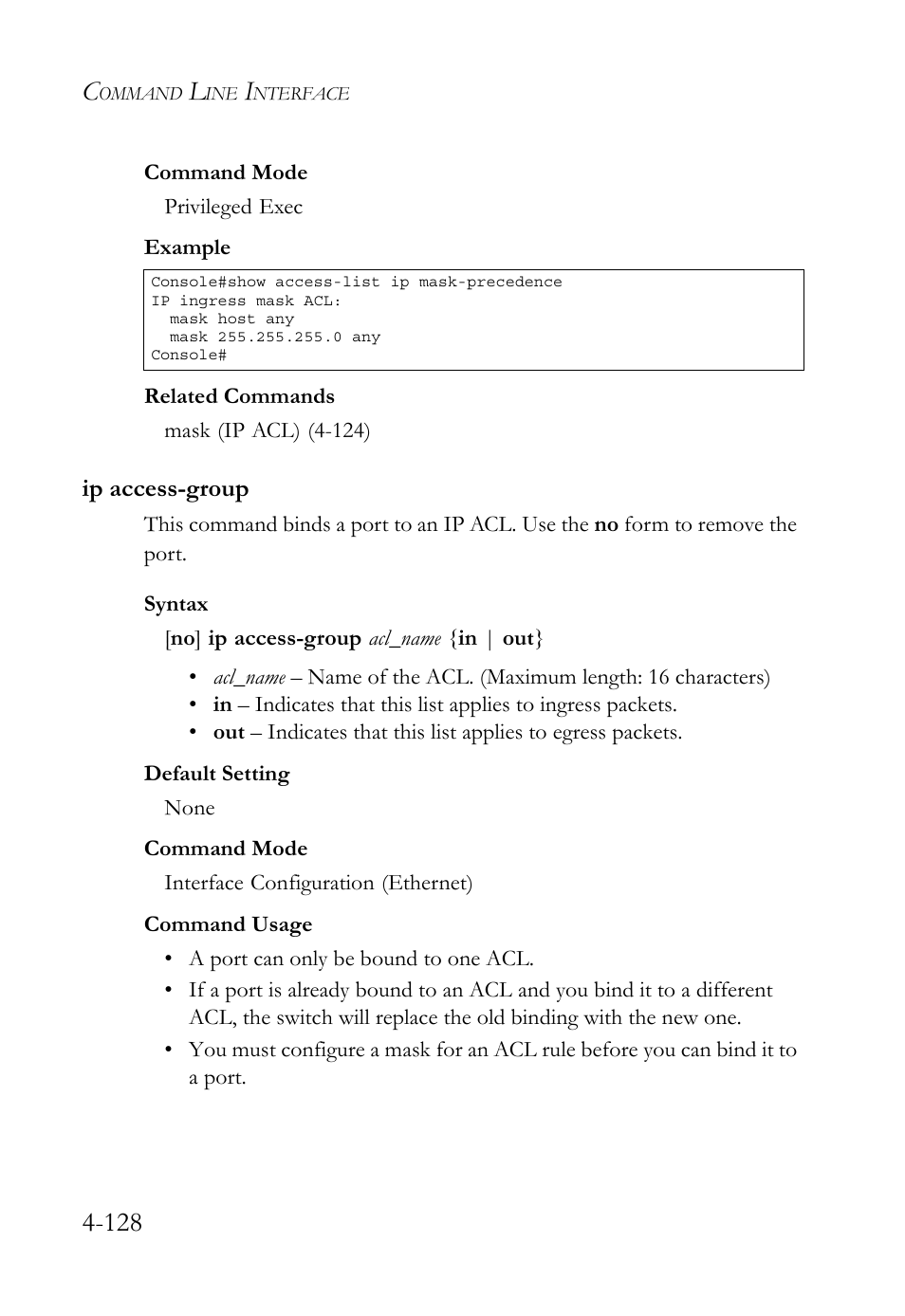Ip access-group, Ip access-group -128 | SMC Networks SMC TigerStack 1000 SMC8748M User Manual | Page 400 / 592