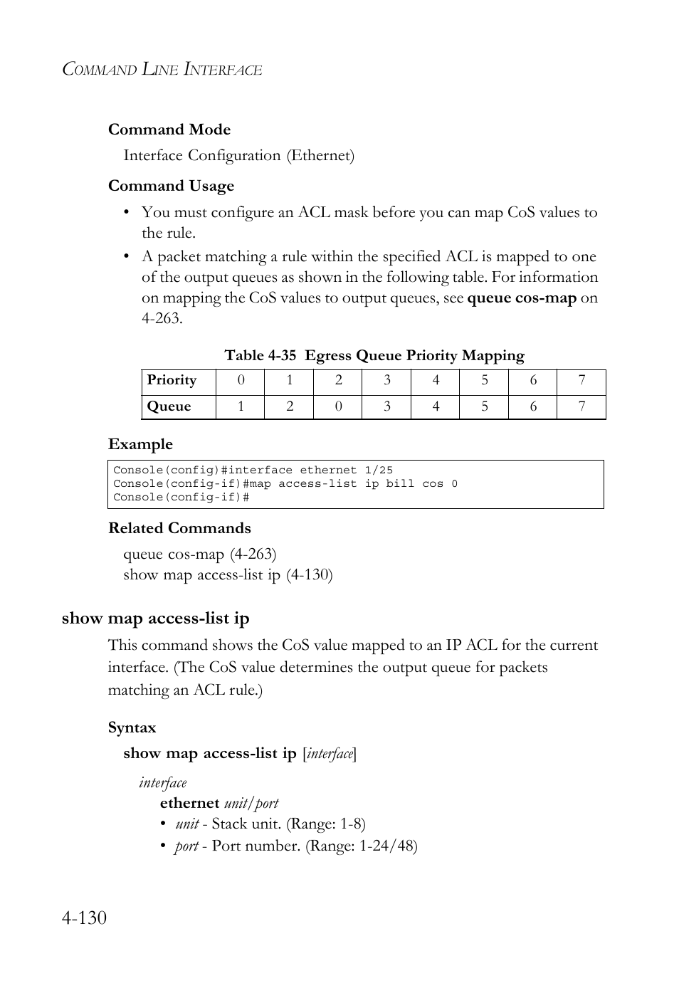 Show map access-list ip, Show map access-list ip -130, Table 4-35 egress queue priority mapping -130 | SMC Networks SMC TigerStack 1000 SMC8748M User Manual | Page 402 / 592