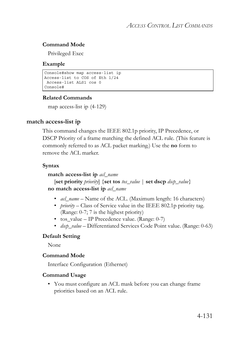 Match access-list ip, Match access-list ip -131 | SMC Networks SMC TigerStack 1000 SMC8748M User Manual | Page 403 / 592
