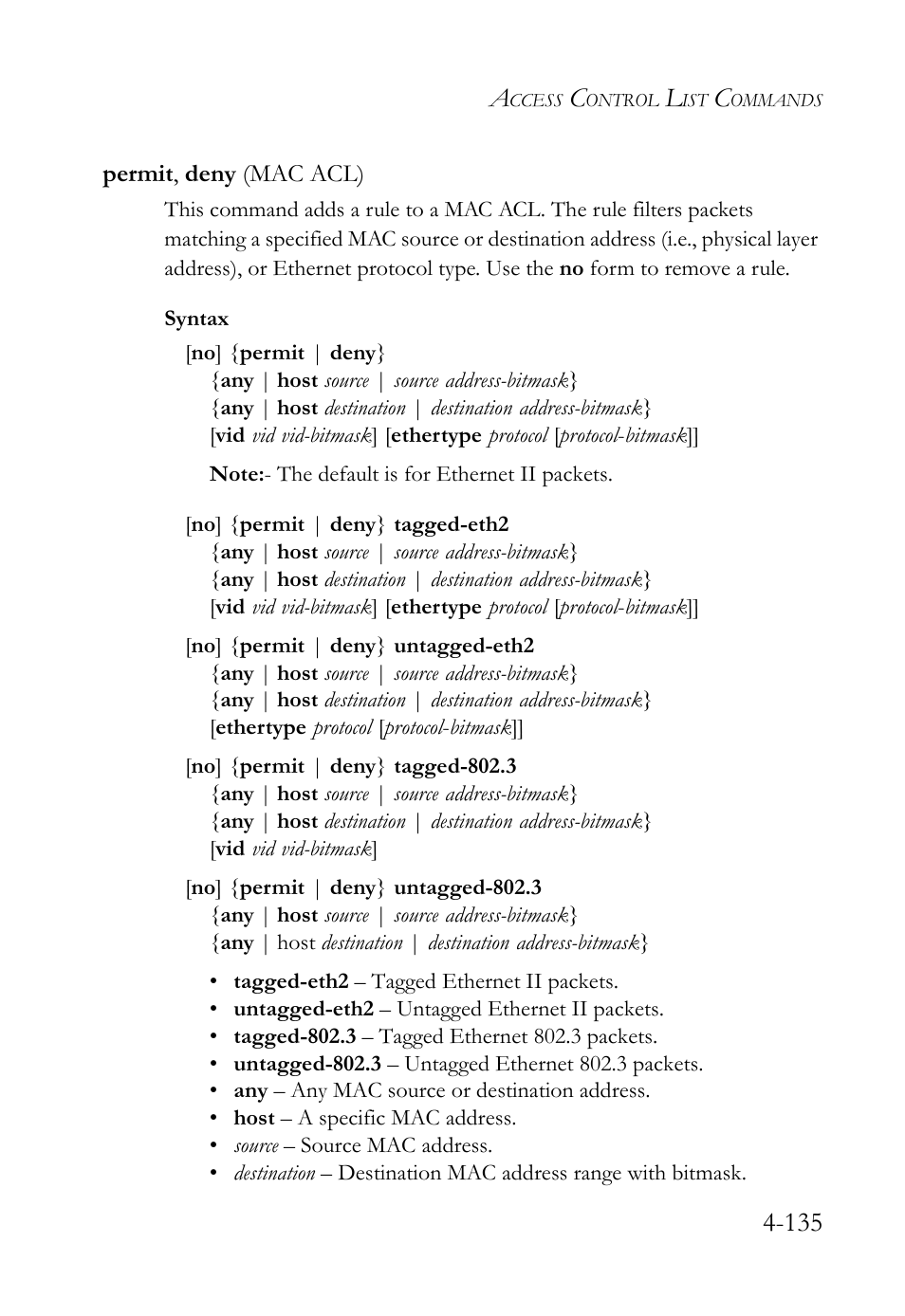 Permit, deny (mac acl), Permit, deny (mac acl) -135 | SMC Networks SMC TigerStack 1000 SMC8748M User Manual | Page 407 / 592