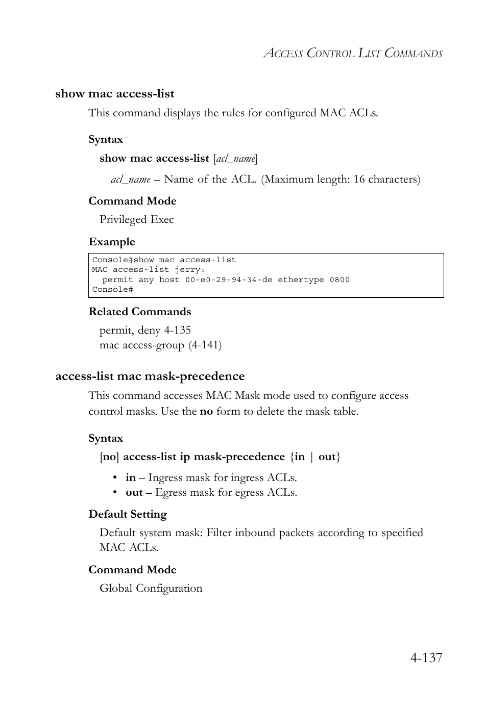 Show mac access-list, Access-list mac mask-precedence | SMC Networks SMC TigerStack 1000 SMC8748M User Manual | Page 409 / 592