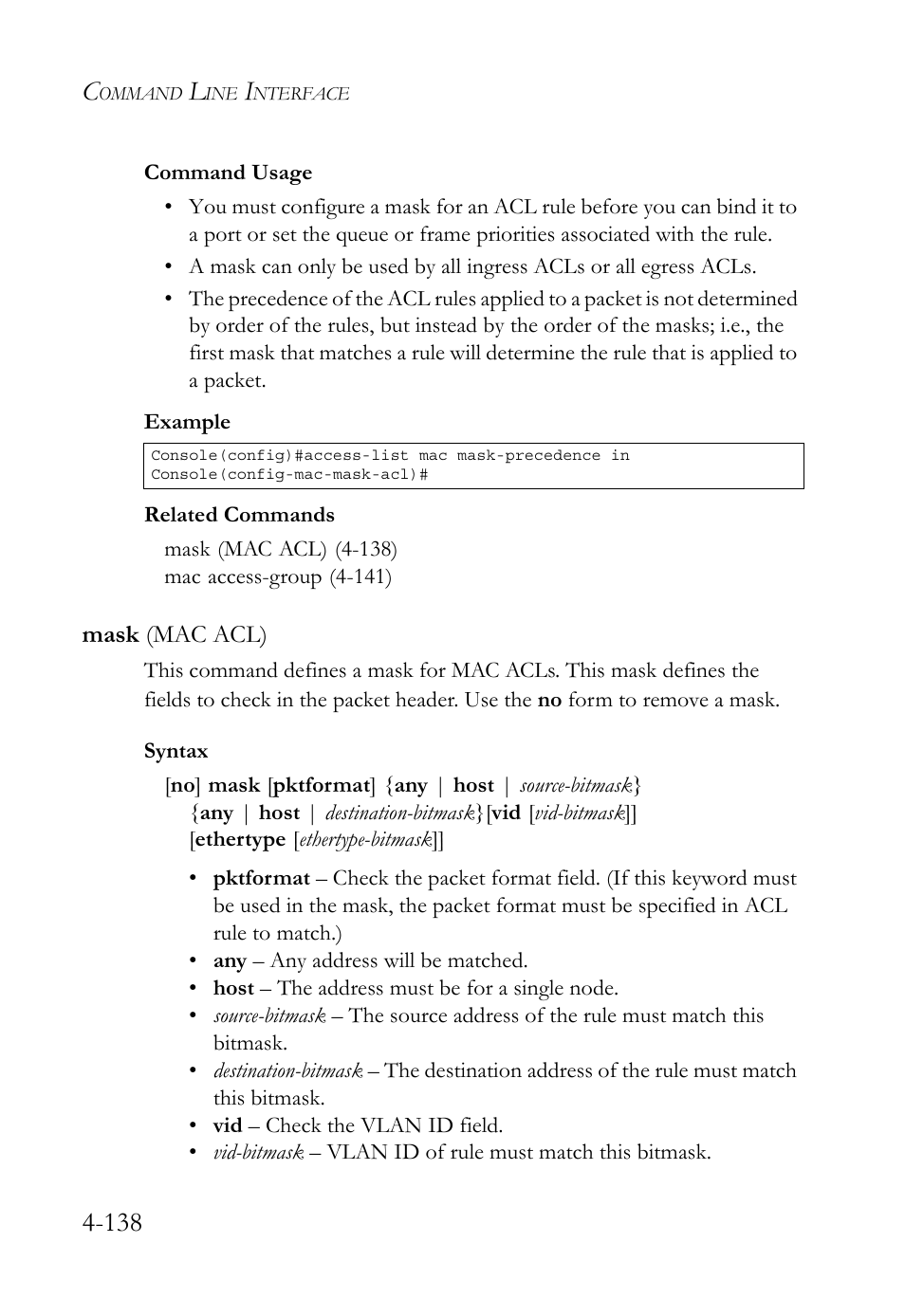 Mask (mac acl), Mask (mac acl) -138 | SMC Networks SMC TigerStack 1000 SMC8748M User Manual | Page 410 / 592