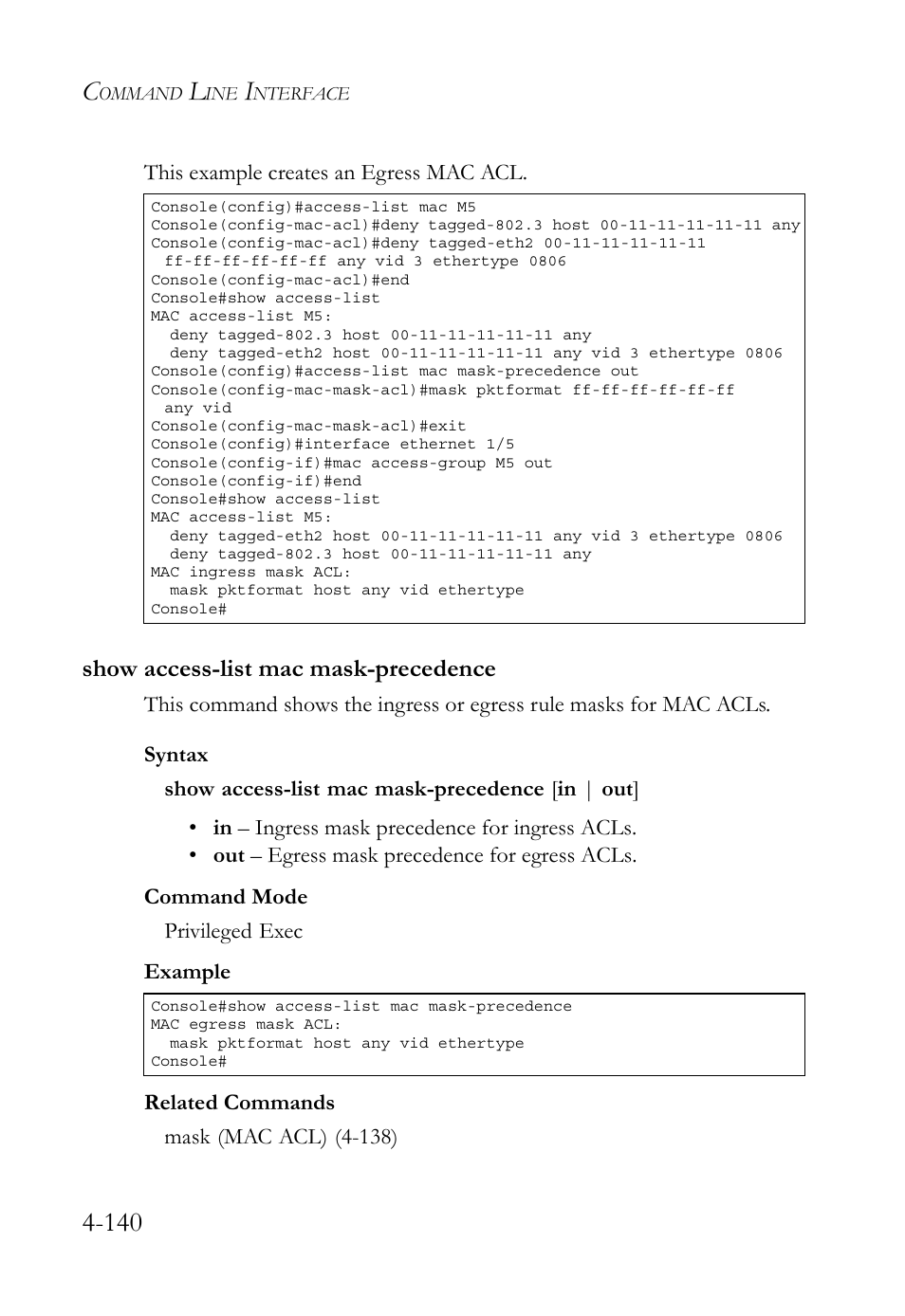 Show access-list mac mask-precedence, Show access-list mac mask-precedence -140 | SMC Networks SMC TigerStack 1000 SMC8748M User Manual | Page 412 / 592