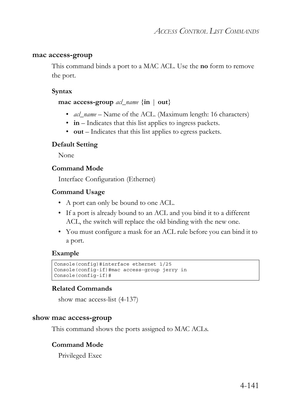Mac access-group, Show mac access-group, Mac access-group -141 show mac access-group -141 | SMC Networks SMC TigerStack 1000 SMC8748M User Manual | Page 413 / 592