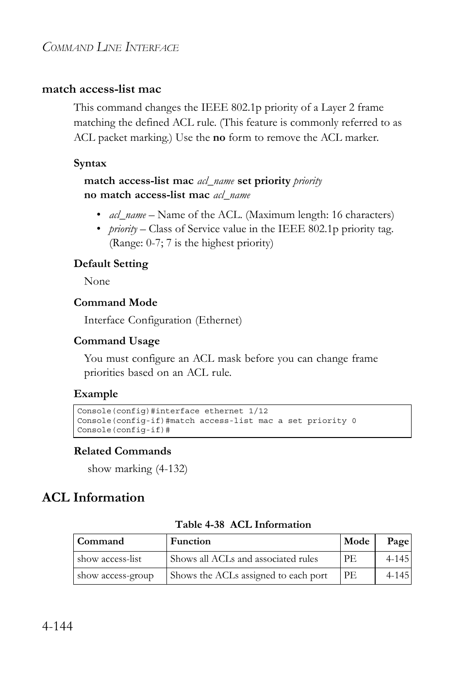 Match access-list mac, Acl information, Match access-list mac -144 | Acl information -144, Table 4-38 acl information -144 | SMC Networks SMC TigerStack 1000 SMC8748M User Manual | Page 416 / 592