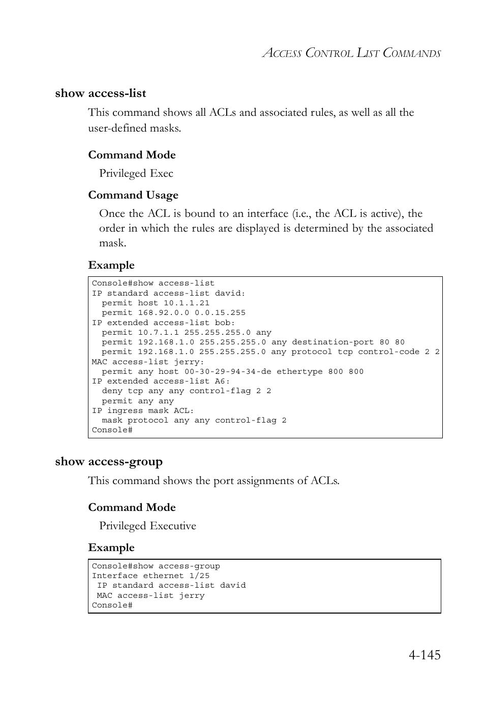Show access-list, Show access-group, Show access-list -145 show access-group -145 | SMC Networks SMC TigerStack 1000 SMC8748M User Manual | Page 417 / 592