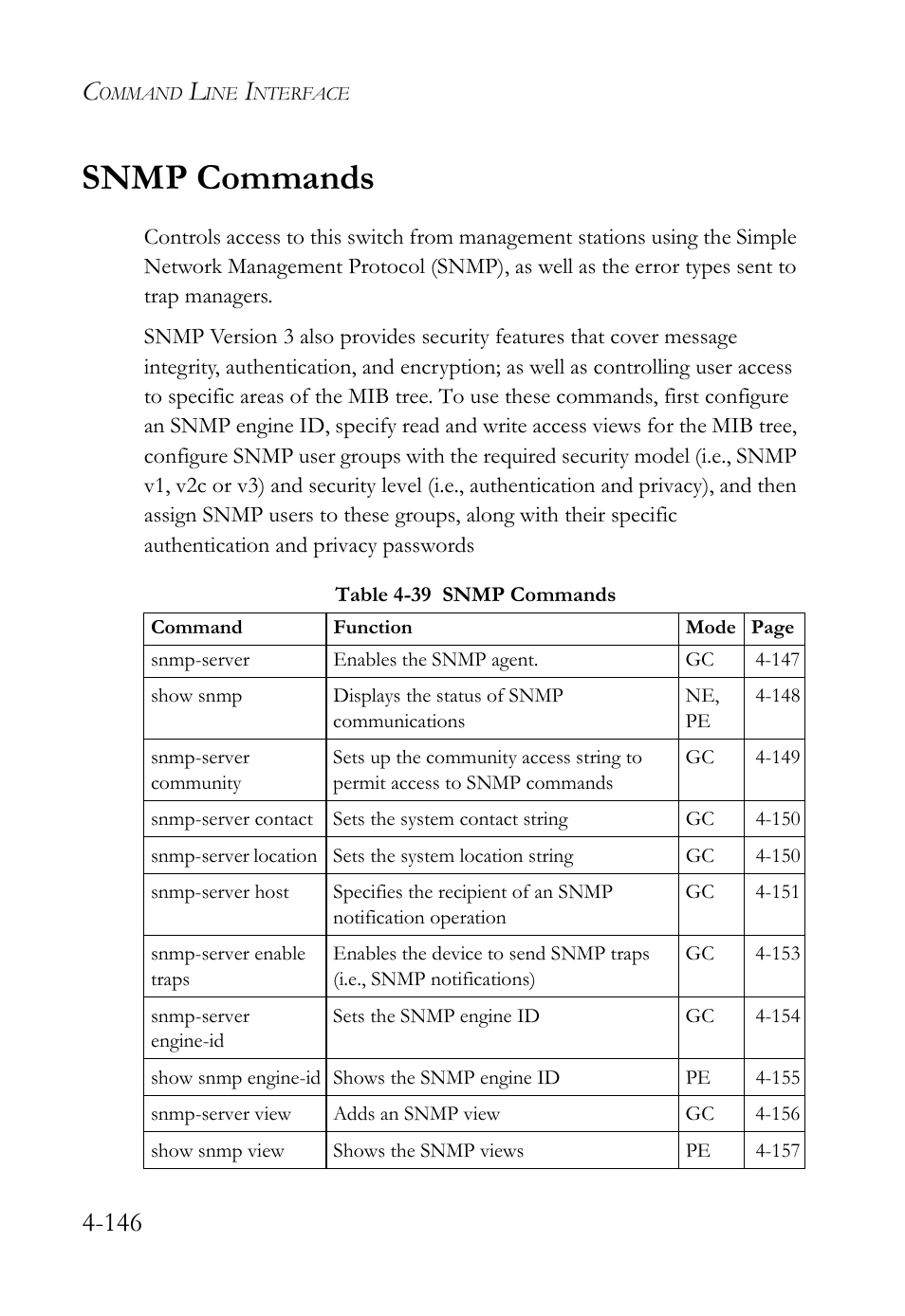 Snmp commands, Snmp commands -146, Table 4-39 snmp commands -146 | SMC Networks SMC TigerStack 1000 SMC8748M User Manual | Page 418 / 592