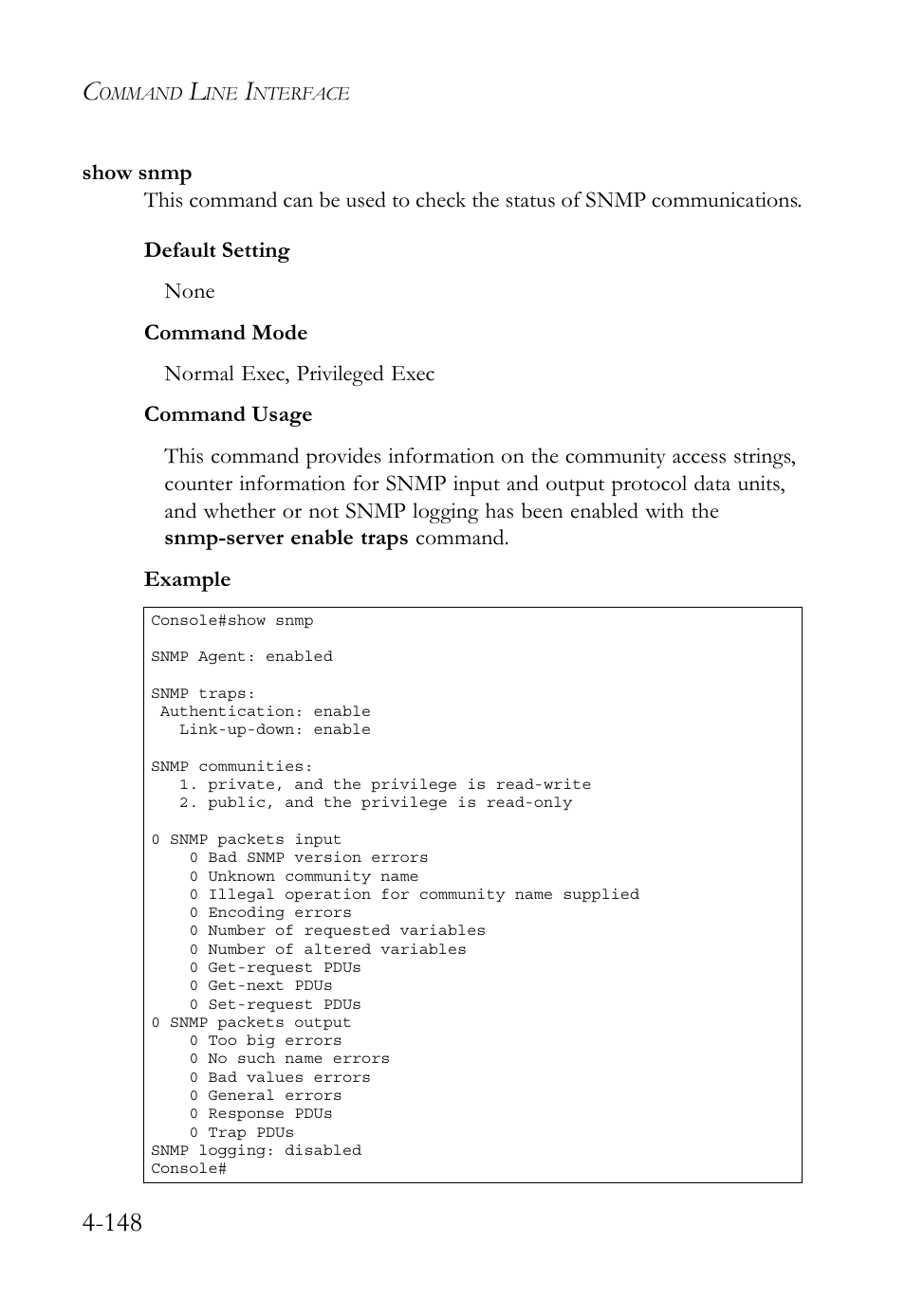 Show snmp, Show snmp -148 | SMC Networks SMC TigerStack 1000 SMC8748M User Manual | Page 420 / 592