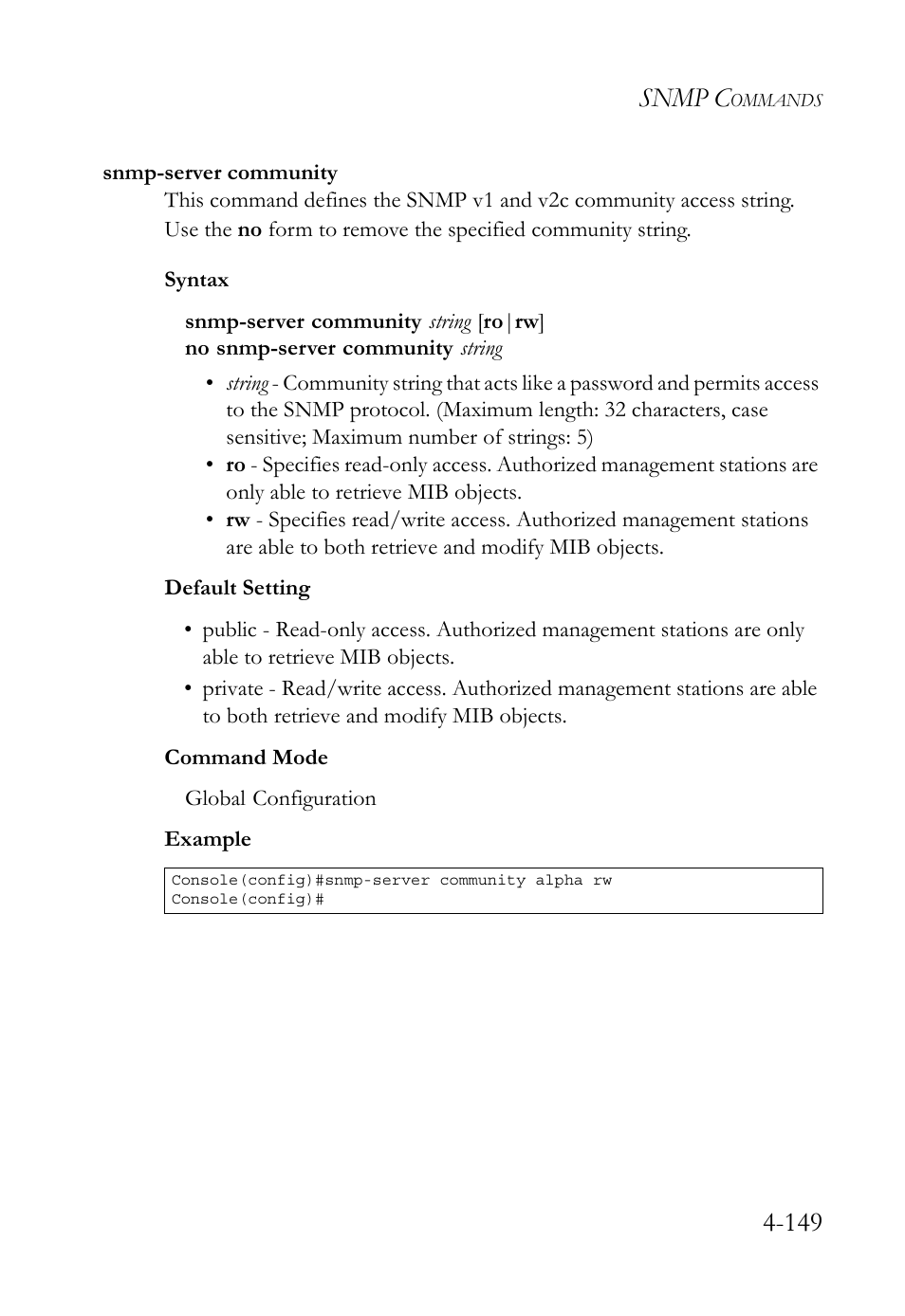 Snmp-server community, Snmp-server community -149, Snmp c | SMC Networks SMC TigerStack 1000 SMC8748M User Manual | Page 421 / 592