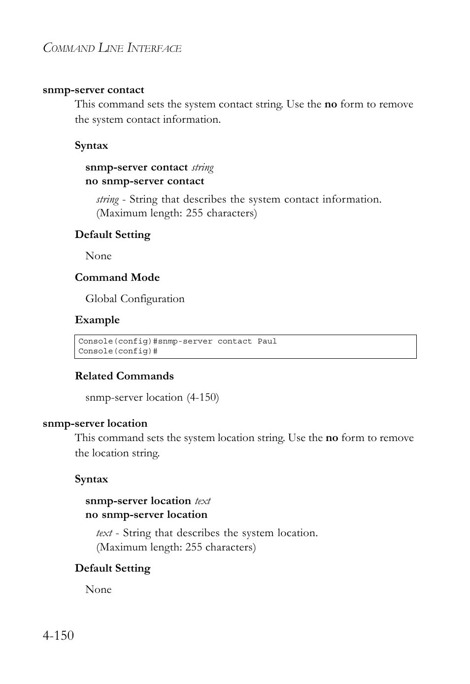Snmp-server contact, Snmp-server location, Snmp-server contact -150 snmp-server location -150 | SMC Networks SMC TigerStack 1000 SMC8748M User Manual | Page 422 / 592