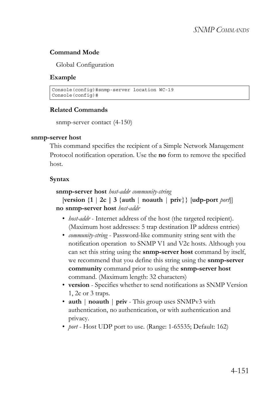 Snmp-server host, Snmp-server host -151, Snmp c | SMC Networks SMC TigerStack 1000 SMC8748M User Manual | Page 423 / 592