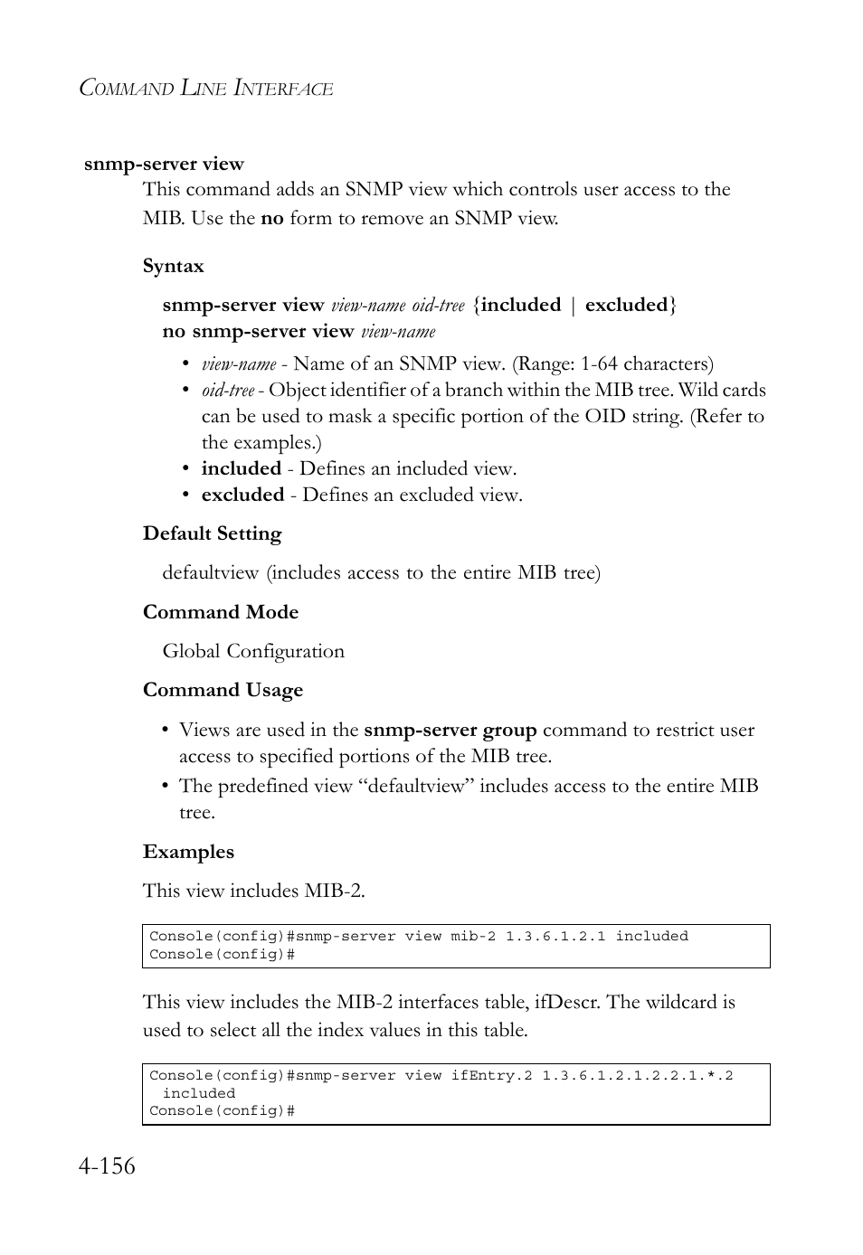 Snmp-server view, Snmp-server view -156 | SMC Networks SMC TigerStack 1000 SMC8748M User Manual | Page 428 / 592
