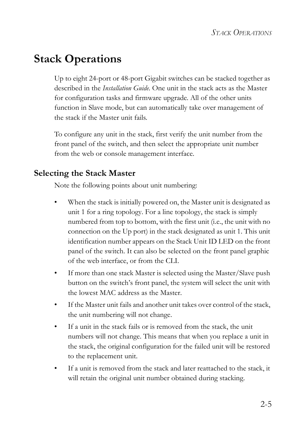 Stack operations, Selecting the stack master, Stack operations -5 | Selecting the stack master -5 | SMC Networks SMC TigerStack 1000 SMC8748M User Manual | Page 43 / 592