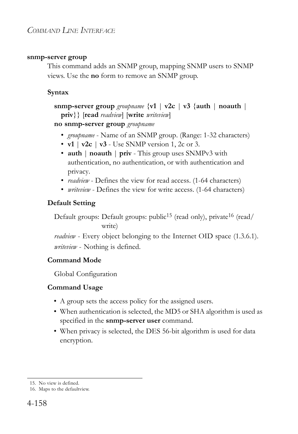 Snmp-server group, Snmp-server group -158 | SMC Networks SMC TigerStack 1000 SMC8748M User Manual | Page 430 / 592