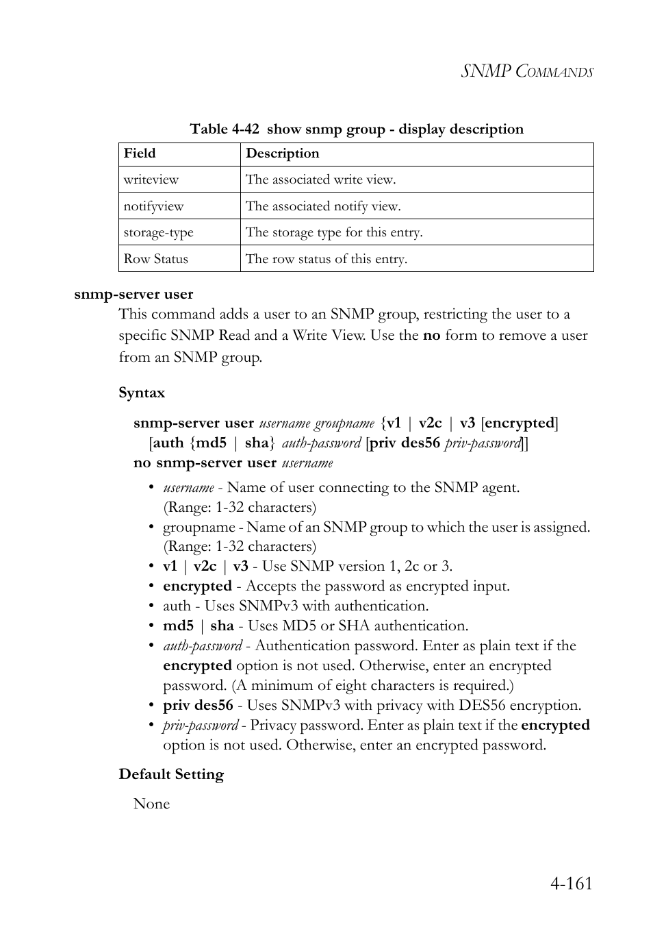 Snmp-server user, Snmp-server user -161, Snmp c | SMC Networks SMC TigerStack 1000 SMC8748M User Manual | Page 433 / 592