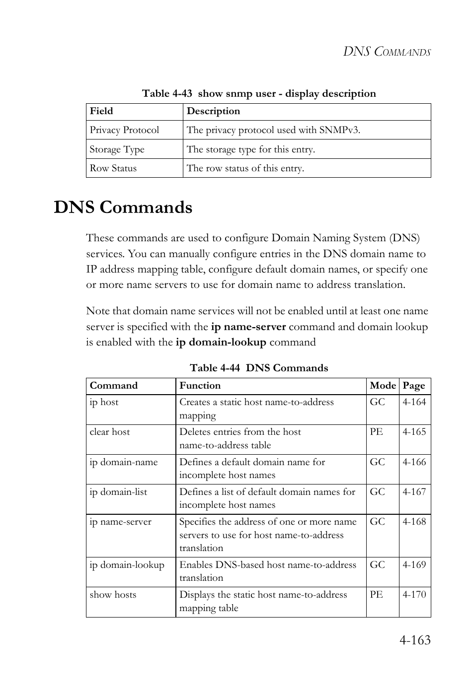Dns commands, Dns commands -163, Table 4-44 dns commands -163 | Dns c | SMC Networks SMC TigerStack 1000 SMC8748M User Manual | Page 435 / 592