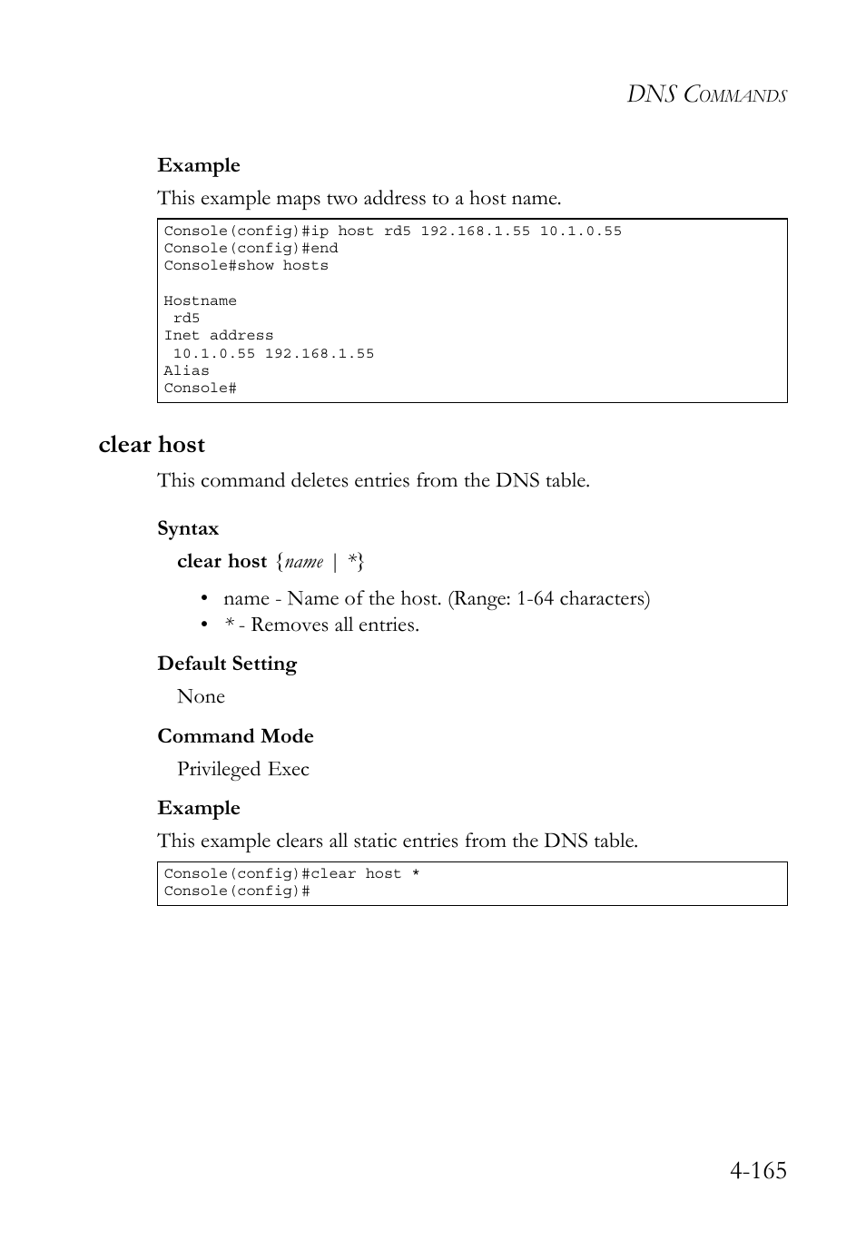 Clear host, Clear host -165, Dns c | SMC Networks SMC TigerStack 1000 SMC8748M User Manual | Page 437 / 592