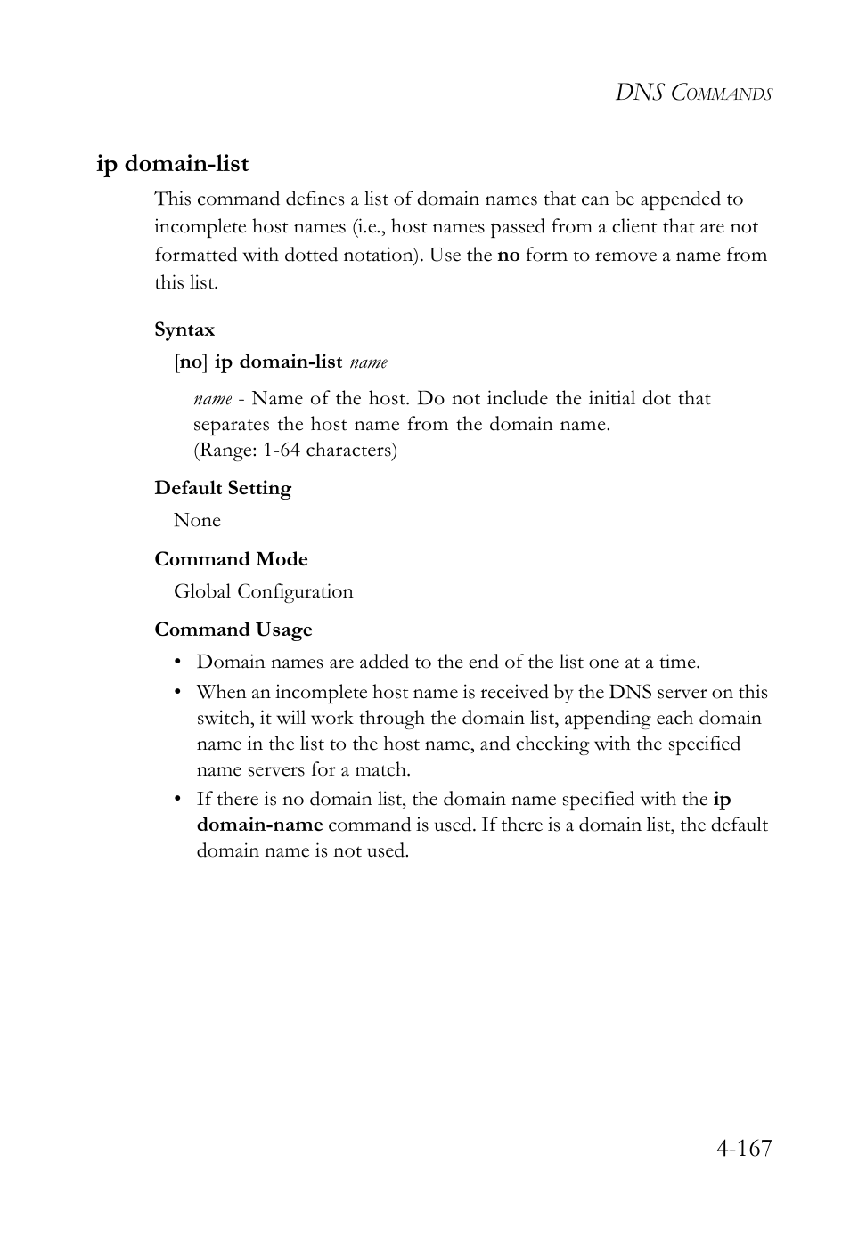 Ip domain-list, Ip domain-list -167, Dns c | 167 ip domain-list | SMC Networks SMC TigerStack 1000 SMC8748M User Manual | Page 439 / 592