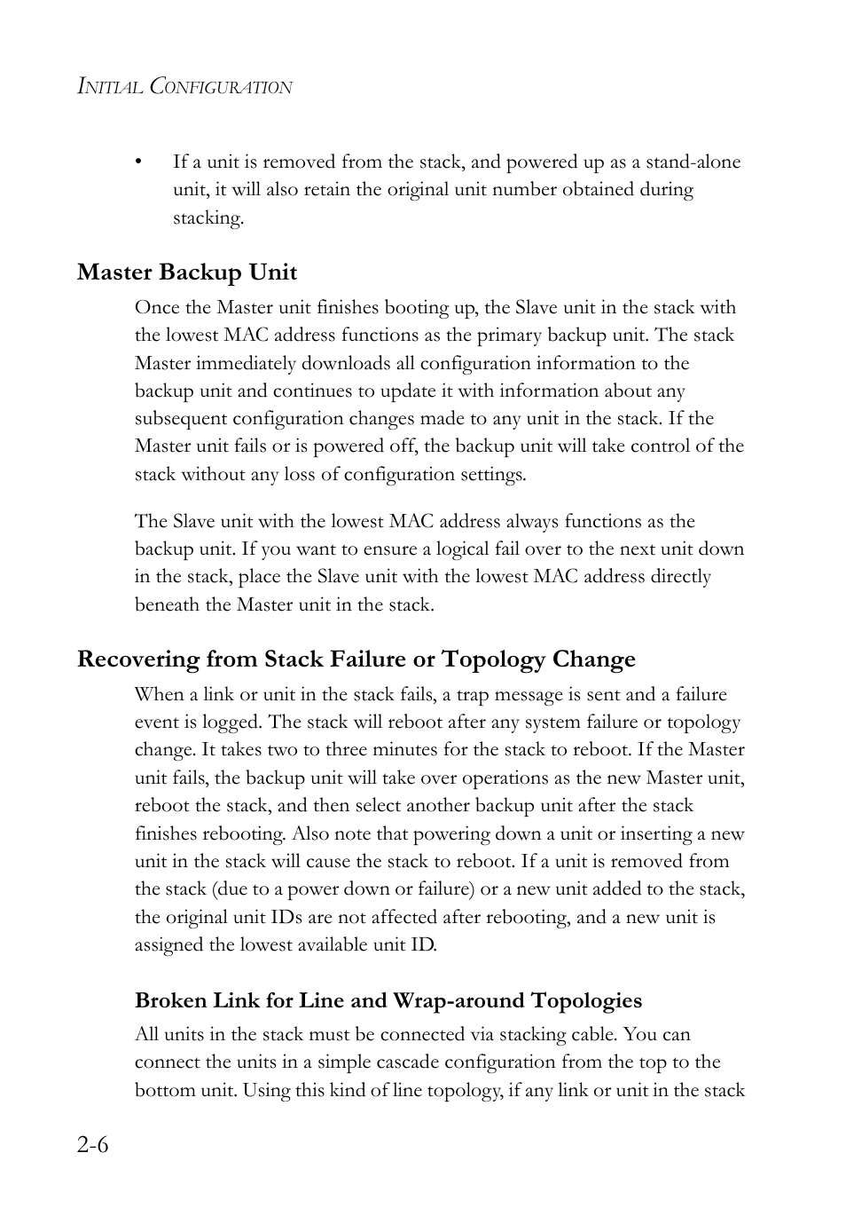 Master backup unit, Recovering from stack failure or topology change, Broken link for line and wrap-around topologies | Broken link for line and wrap-around topologies -6 | SMC Networks SMC TigerStack 1000 SMC8748M User Manual | Page 44 / 592