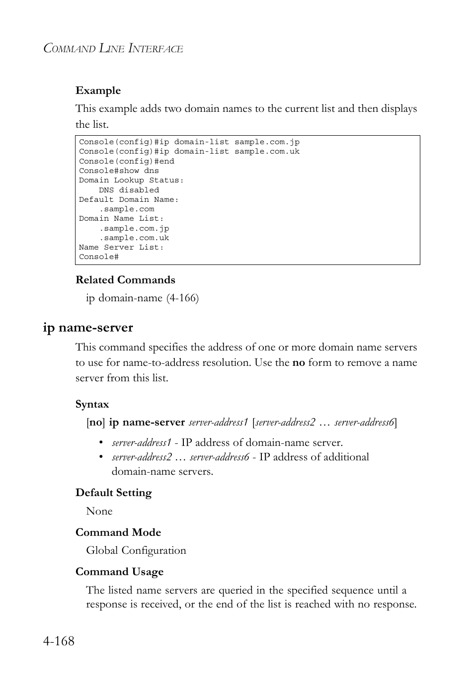 Ip name-server, Ip name-server -168, Ip name-server comm | SMC Networks SMC TigerStack 1000 SMC8748M User Manual | Page 440 / 592