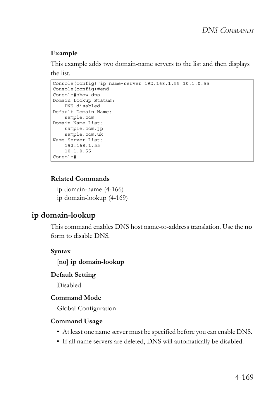 Ip domain-lookup, Ip domain-lookup -169, With the ip domain-lookup com | Dns c | SMC Networks SMC TigerStack 1000 SMC8748M User Manual | Page 441 / 592