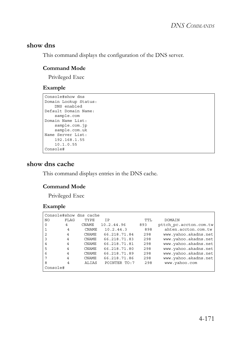 Show dns, Show dns cache, Show dns -171 show dns cache -171 | Dns c, 171 show dns | SMC Networks SMC TigerStack 1000 SMC8748M User Manual | Page 443 / 592