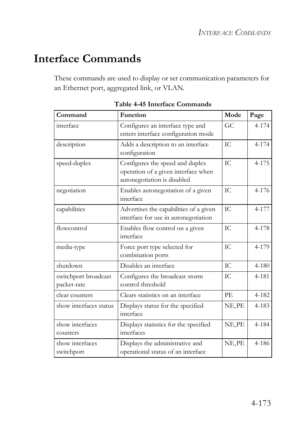 Interface commands, Interface commands -173, Table 4-45 interface commands -173 | SMC Networks SMC TigerStack 1000 SMC8748M User Manual | Page 445 / 592