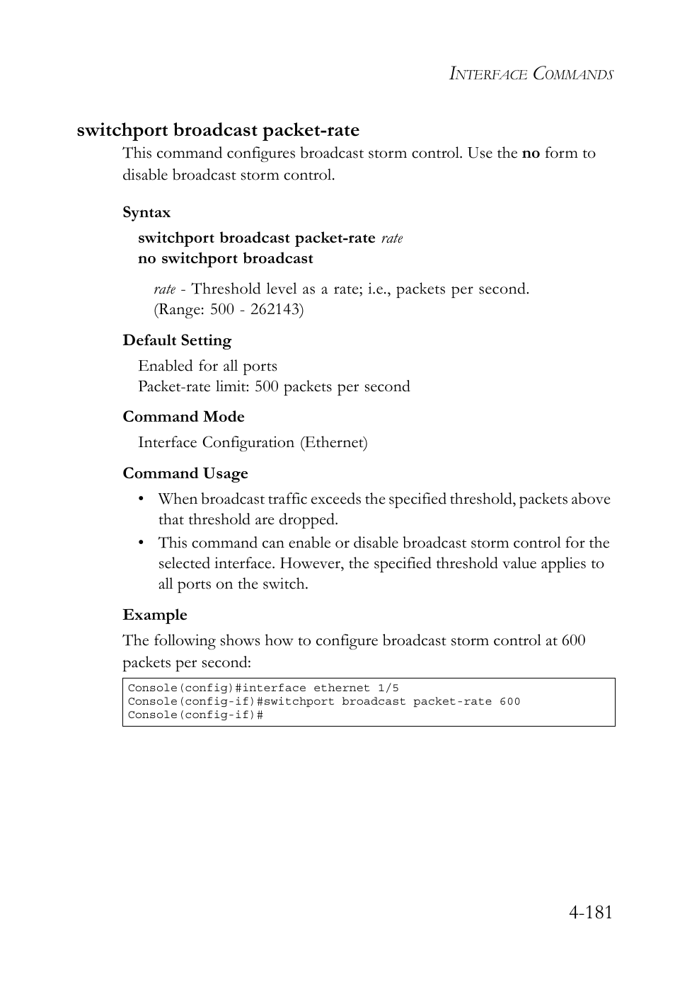 Switchport broadcast packet-rate, Switchport broadcast packet-rate -181, 181 switchport broadcast packet-rate | SMC Networks SMC TigerStack 1000 SMC8748M User Manual | Page 453 / 592