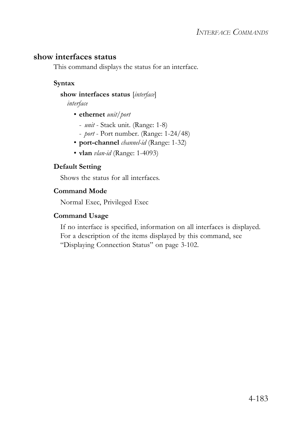 Show interfaces status, Show interfaces status -183, 183 show interfaces status | SMC Networks SMC TigerStack 1000 SMC8748M User Manual | Page 455 / 592