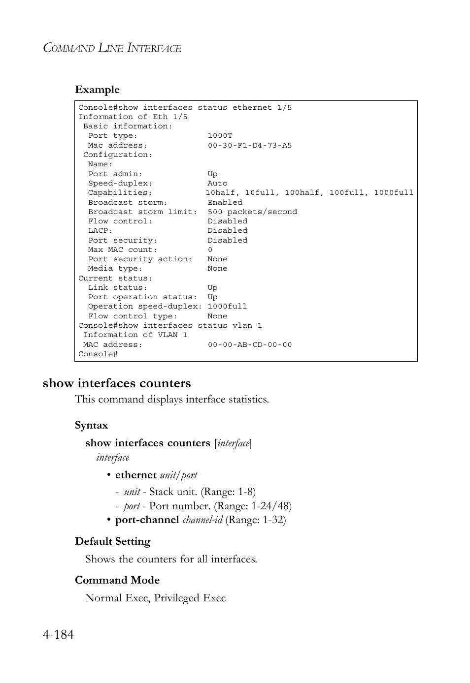 Show interfaces counters, Show interfaces counters -184 | SMC Networks SMC TigerStack 1000 SMC8748M User Manual | Page 456 / 592