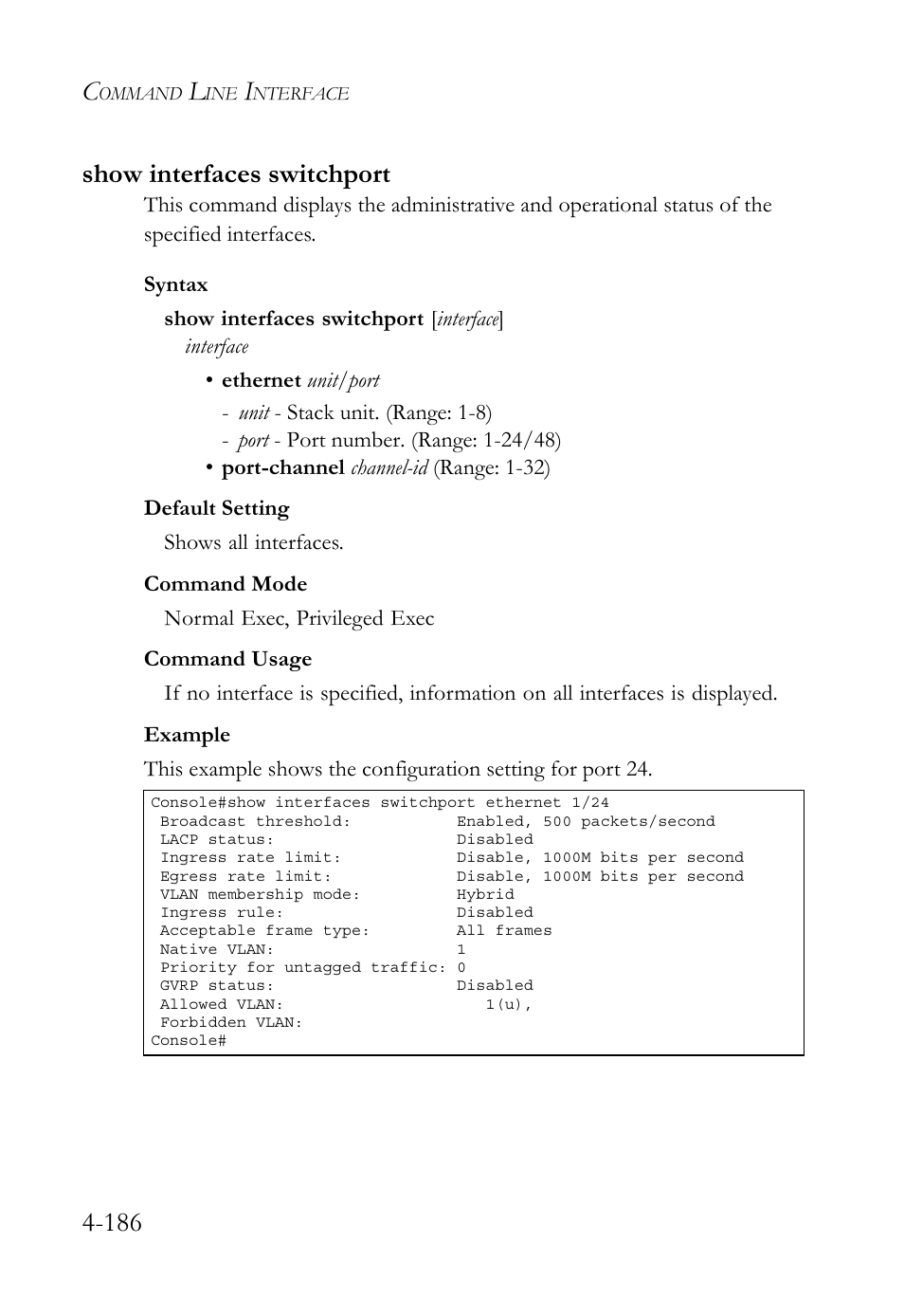 Show interfaces switchport, Show interfaces switchport -186, 186 show interfaces switchport | SMC Networks SMC TigerStack 1000 SMC8748M User Manual | Page 458 / 592