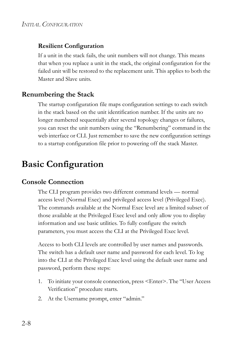 Resilient configuration, Renumbering the stack, Basic configuration | Console connection, Resilient configuration -8, Renumbering the stack -8, Basic configuration -8, Console connection -8 | SMC Networks SMC TigerStack 1000 SMC8748M User Manual | Page 46 / 592