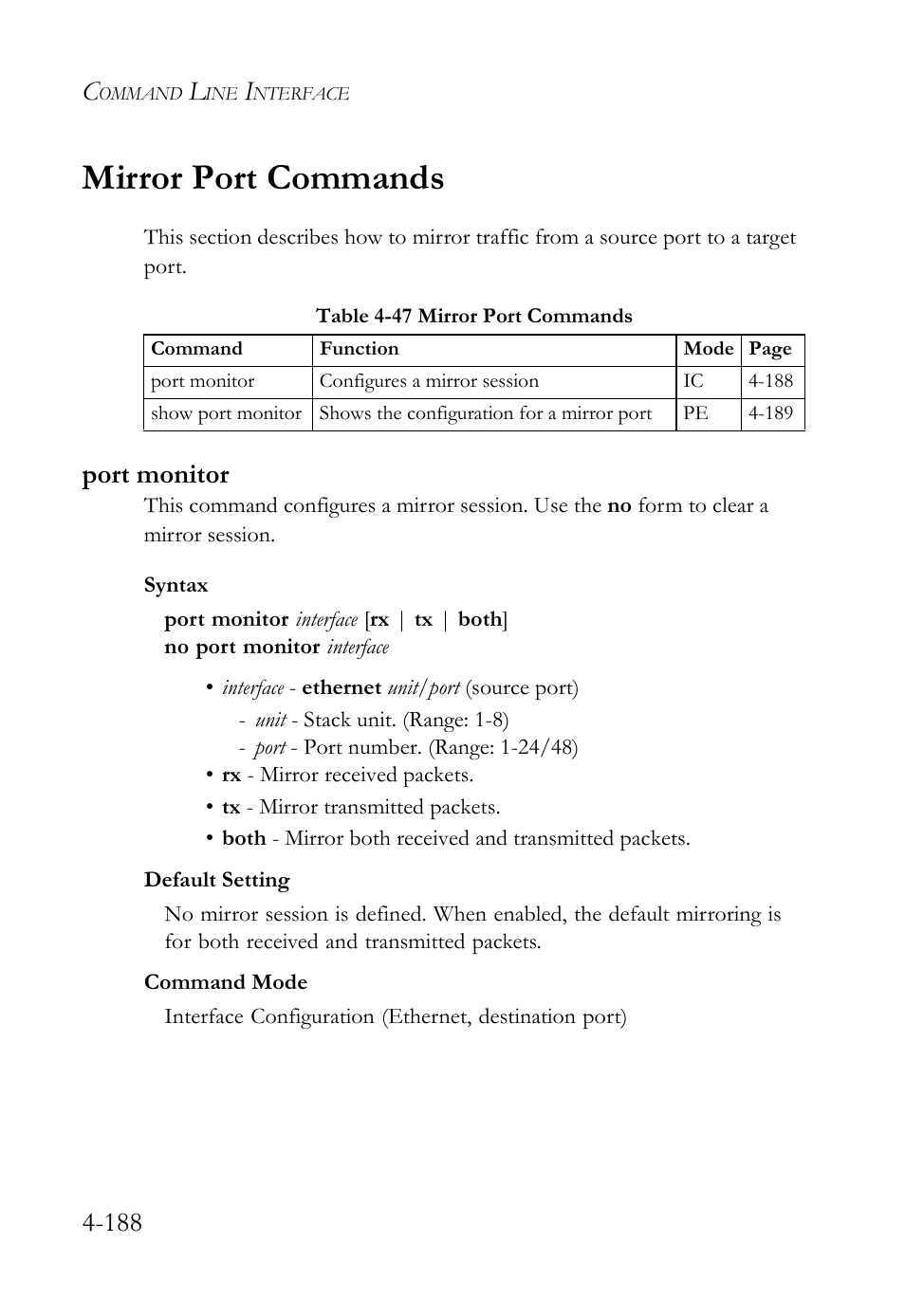 Mirror port commands, Port monitor, Mirror port commands -188 | Port monitor -188, Table 4-47 mirror port commands -188 | SMC Networks SMC TigerStack 1000 SMC8748M User Manual | Page 460 / 592