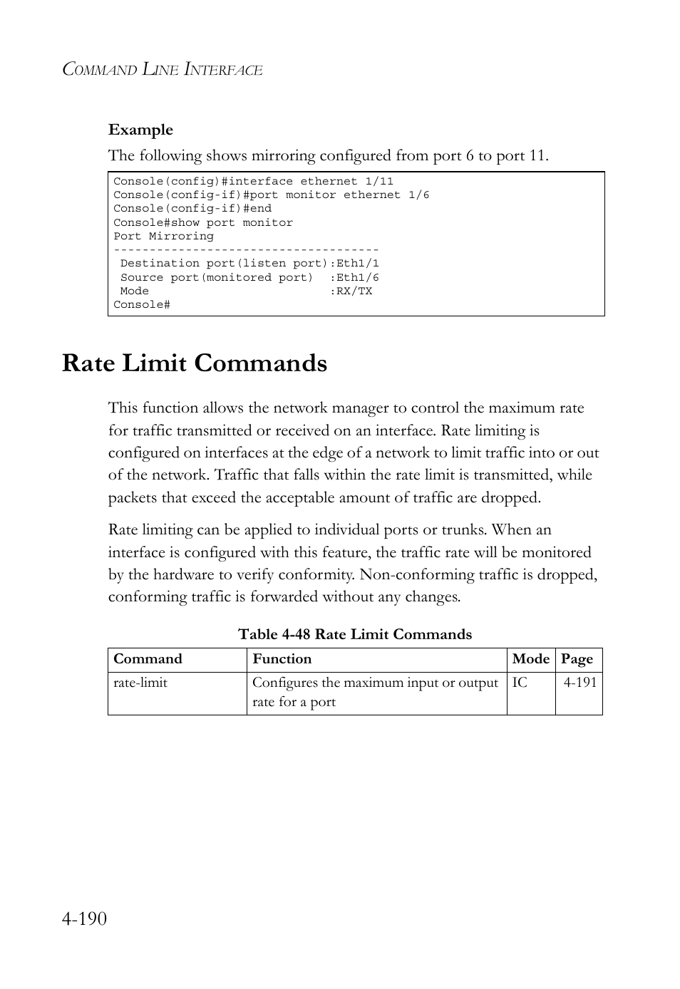 Rate limit commands, Rate limit commands -190, Table 4-48 rate limit commands -190 | SMC Networks SMC TigerStack 1000 SMC8748M User Manual | Page 462 / 592