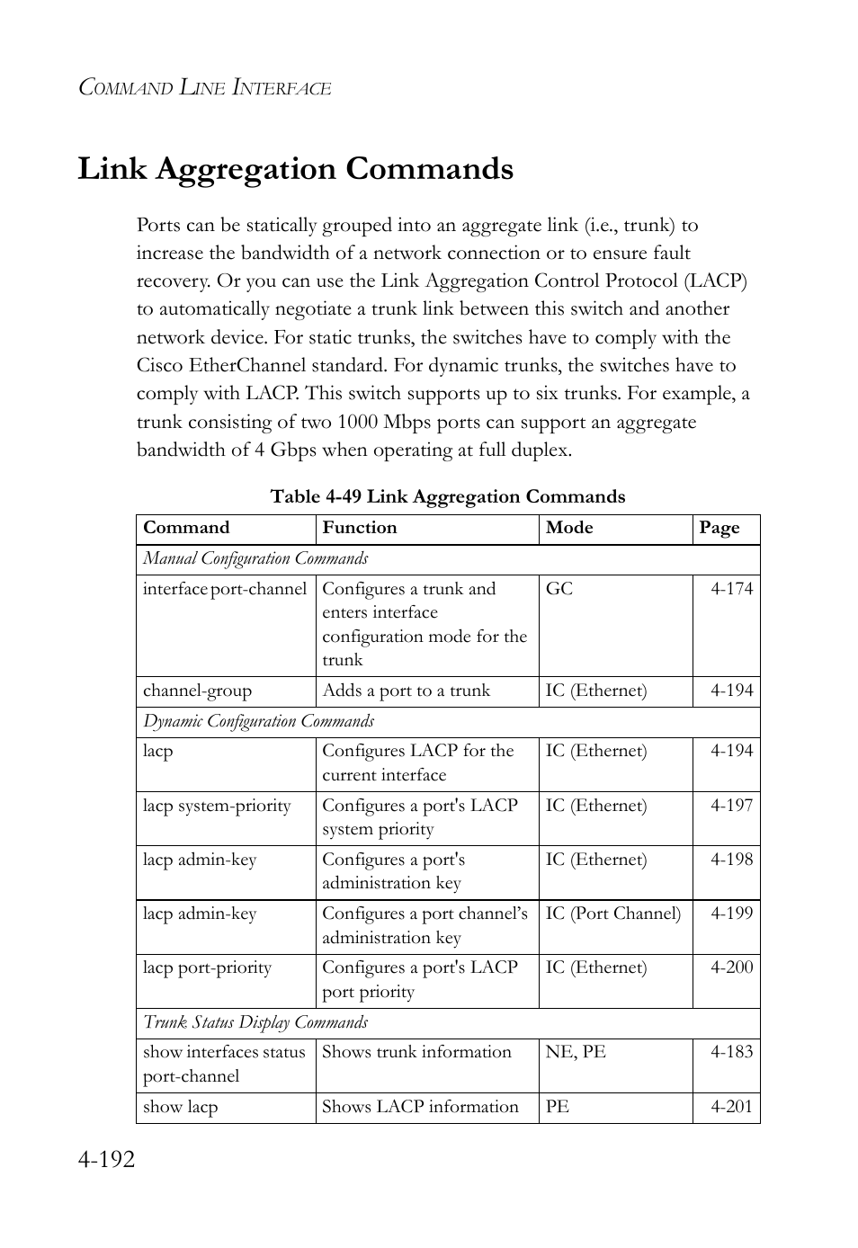 Link aggregation commands, Link aggregation commands -192, Table 4-49 link aggregation commands -192 | SMC Networks SMC TigerStack 1000 SMC8748M User Manual | Page 464 / 592