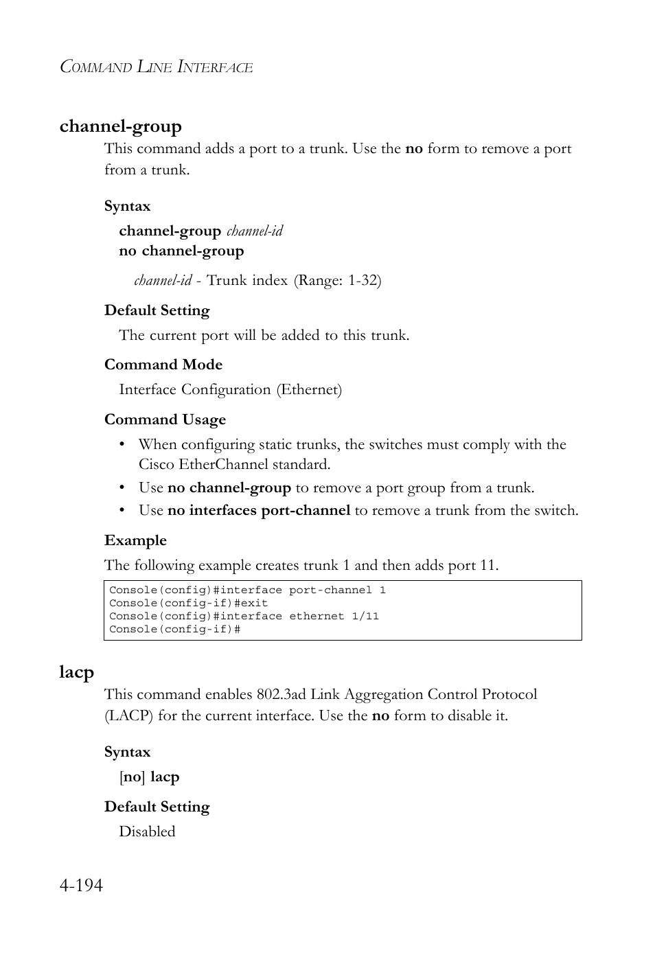 Channel-group, Lacp, Channel-group -194 lacp -194 | 194 channel-group | SMC Networks SMC TigerStack 1000 SMC8748M User Manual | Page 466 / 592