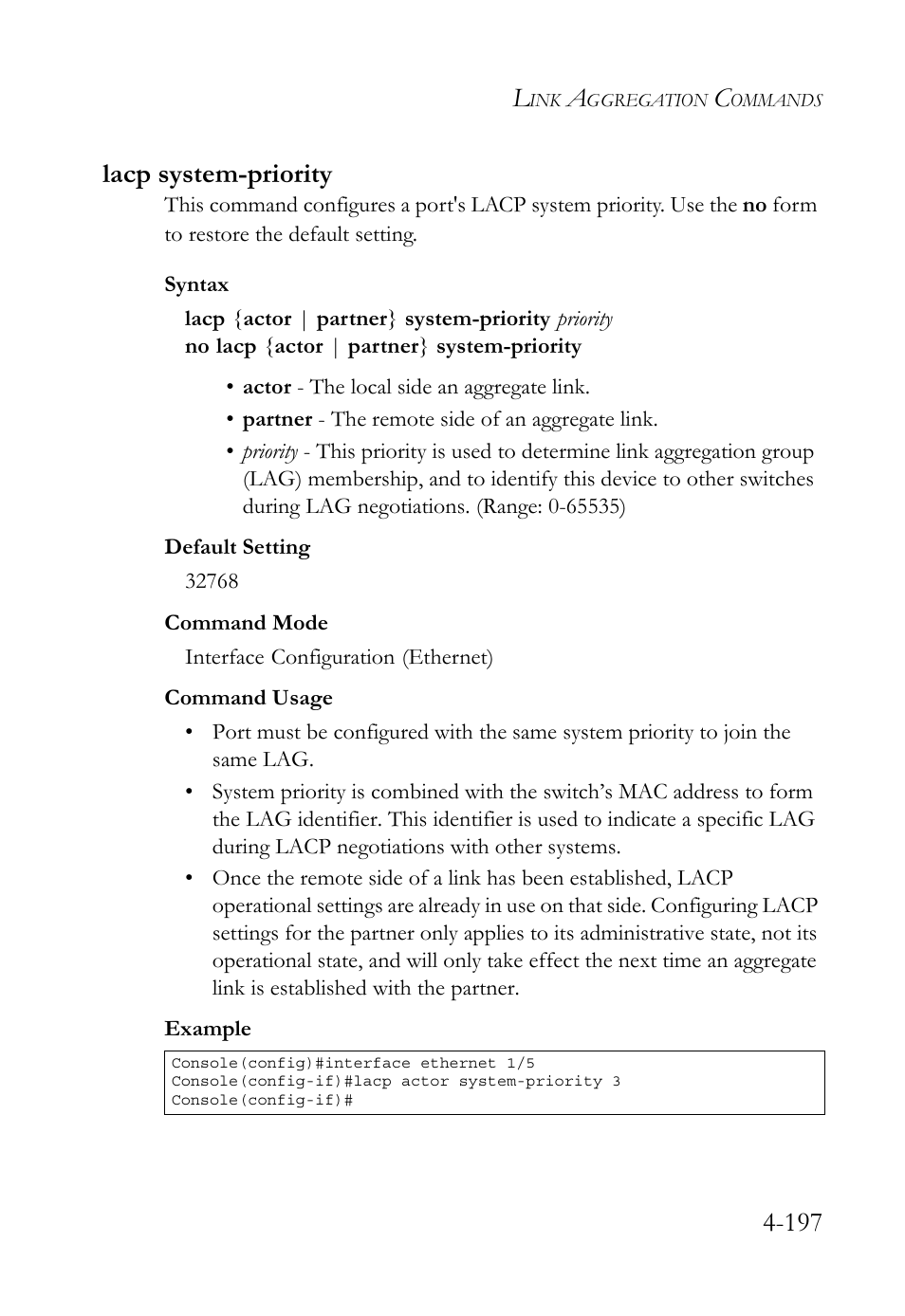 Lacp system-priority, Lacp system-priority -197, 197 lacp system-priority | SMC Networks SMC TigerStack 1000 SMC8748M User Manual | Page 469 / 592