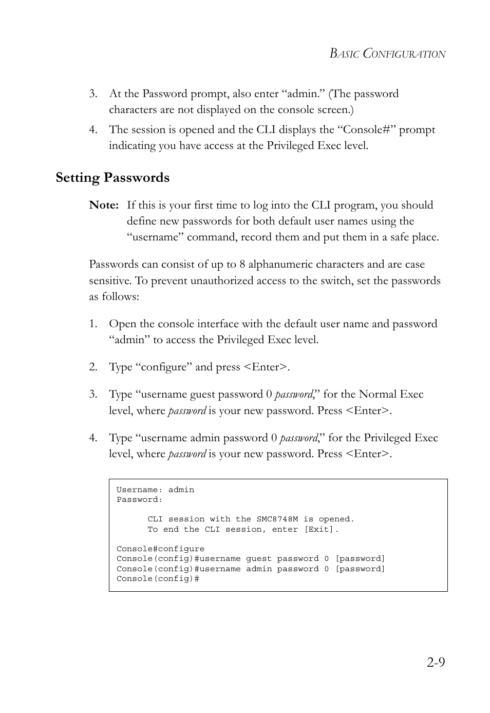 Setting passwords, Setting passwords -9 | SMC Networks SMC TigerStack 1000 SMC8748M User Manual | Page 47 / 592