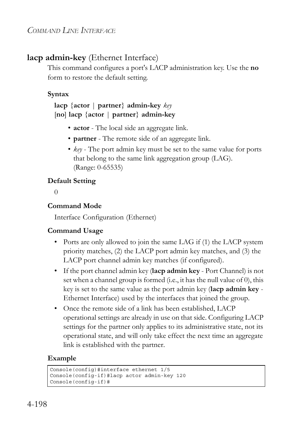 Lacp admin-key (ethernet interface), Lacp admin-key (ethernet interface) -198, 198 lacp admin-key (ethernet interface) | SMC Networks SMC TigerStack 1000 SMC8748M User Manual | Page 470 / 592
