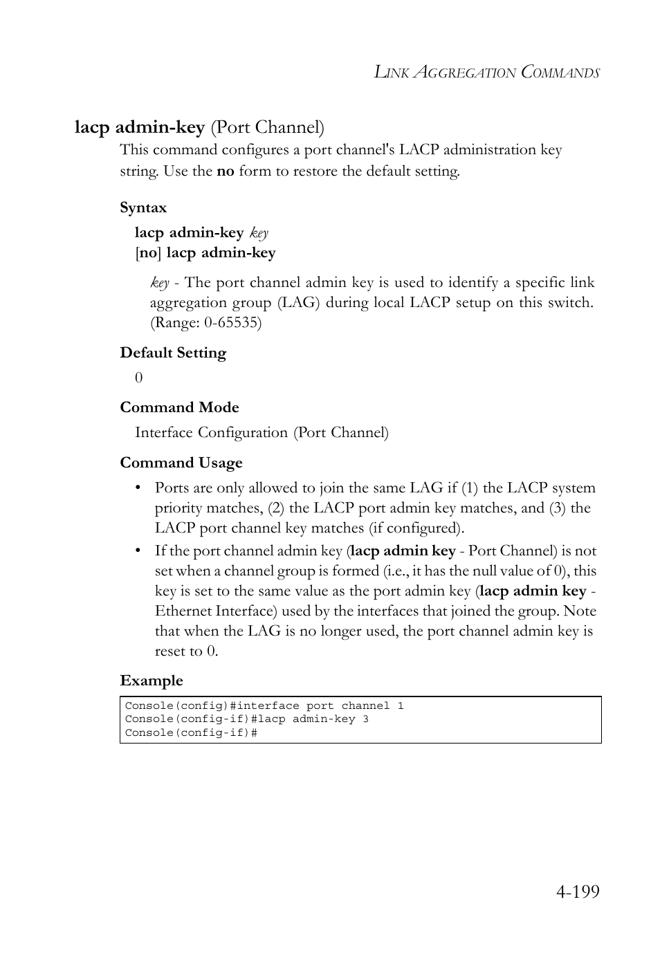 Lacp admin-key (port channel), Lacp admin-key (port channel) -199, 199 lacp admin-key (port channel) | SMC Networks SMC TigerStack 1000 SMC8748M User Manual | Page 471 / 592