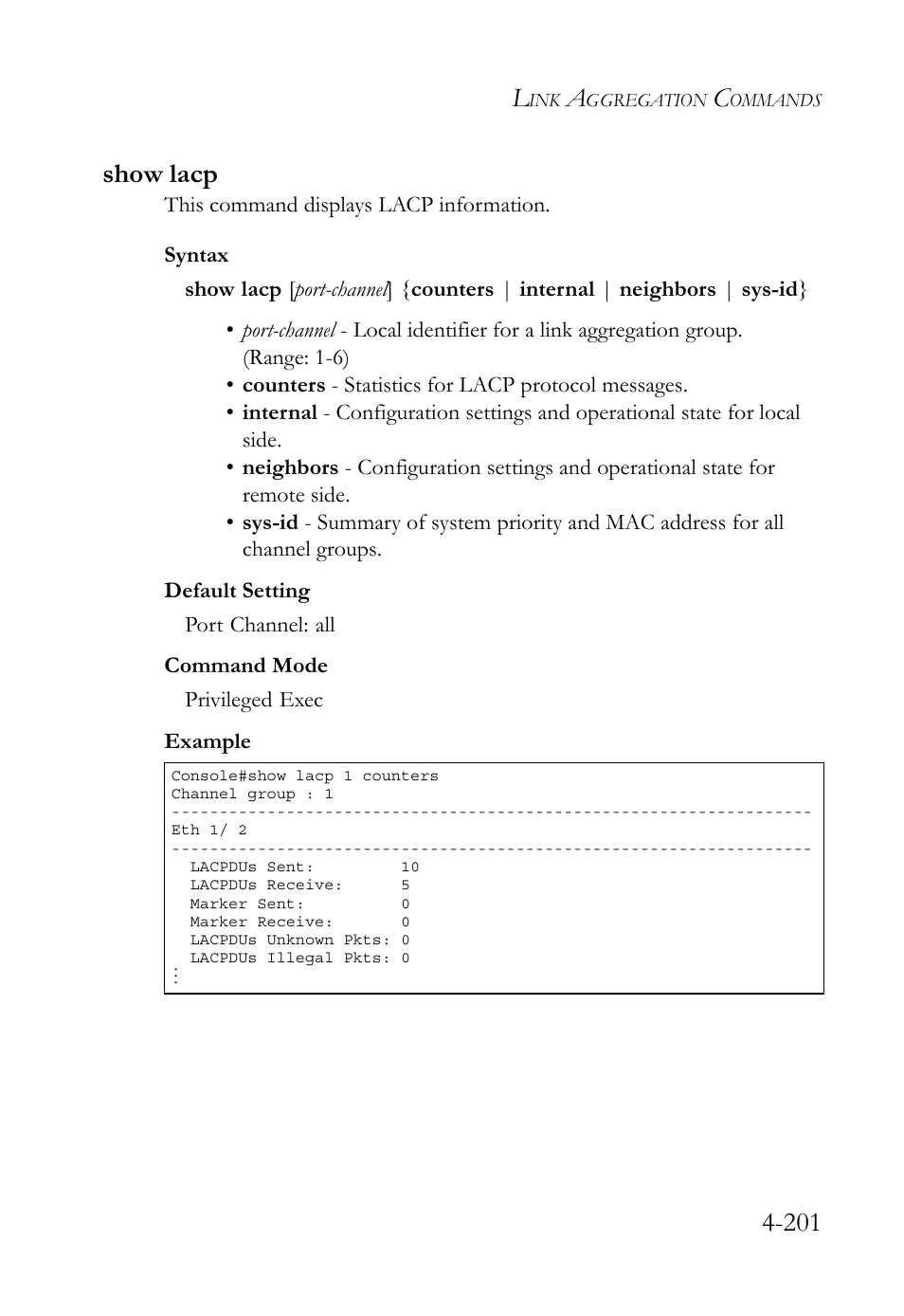 Show lacp, Show lacp -201, 201 show lacp | SMC Networks SMC TigerStack 1000 SMC8748M User Manual | Page 473 / 592