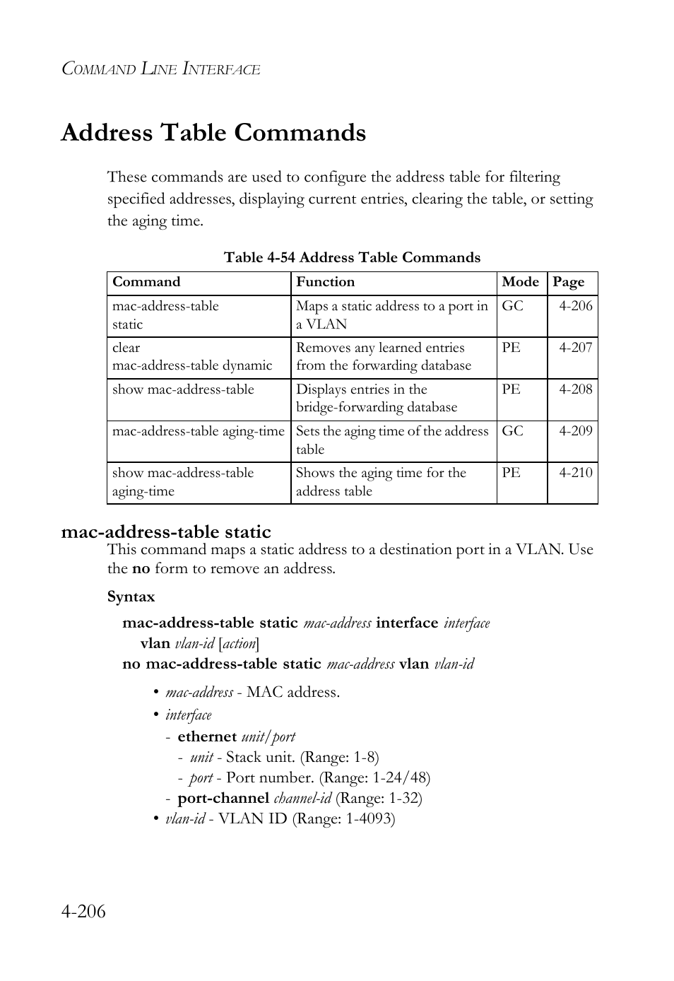 Address table commands, Mac-address-table static, Address table commands -206 | Mac-address-table static -206, Table 4-54 address table commands -206, Mac-address-table static (4-206) | SMC Networks SMC TigerStack 1000 SMC8748M User Manual | Page 478 / 592