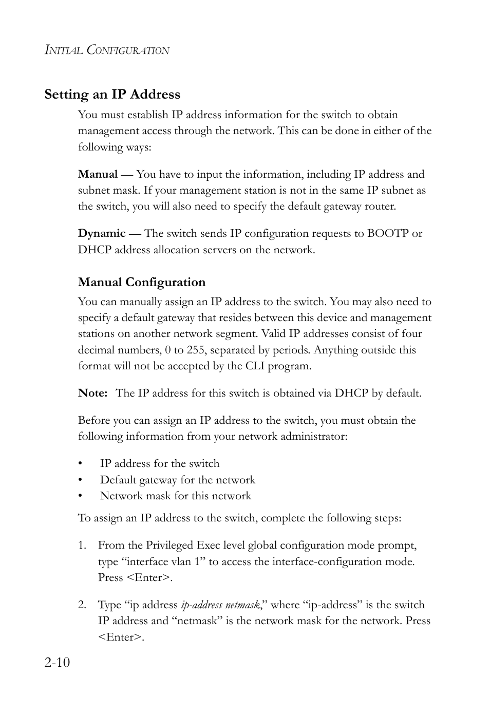Setting an ip address, Manual configuration, Setting an ip address -10 | Manual configuration -10, 10 setting an ip address | SMC Networks SMC TigerStack 1000 SMC8748M User Manual | Page 48 / 592